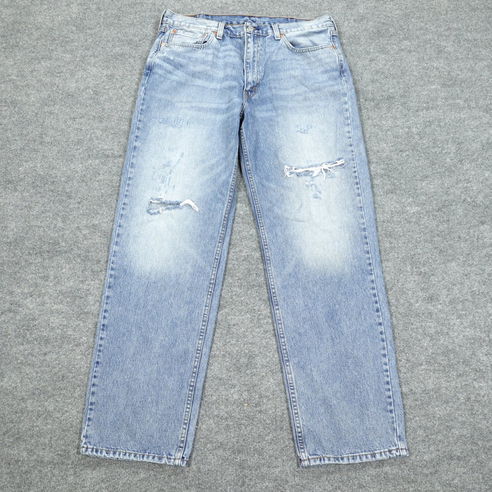 Levi's 550 Jeans Mens 38x34 Light Blue Relaxed Fit Tapered Distressed Button Fly